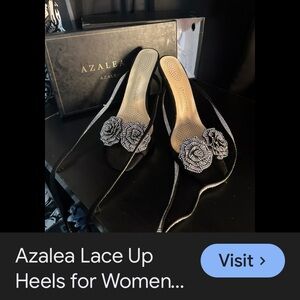 Lace-Up Black Heeled Sandals with Crystal Flower Accent